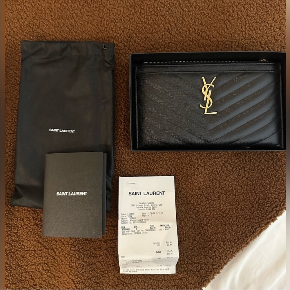 Saint Laurent Cassandre Black Quilted Clutch with Gold Logo YSL